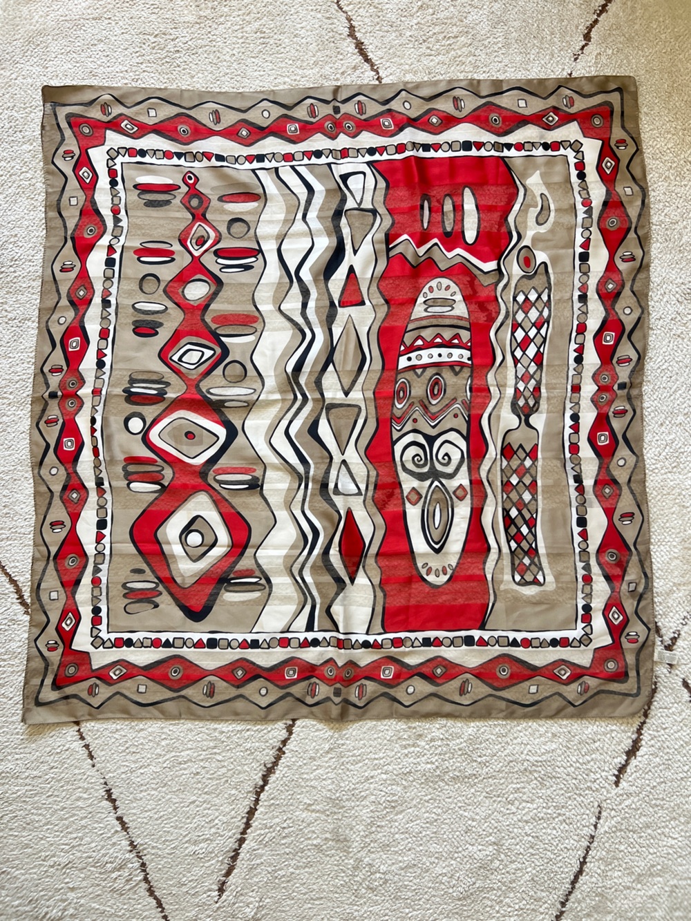 VTG Made in Italy Geometric Tribal Graphic Scarf Abstract Sheer Red Taupe 33"x35
